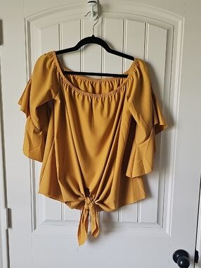 Mustard Off-Shoulder Tie-Front Blouse